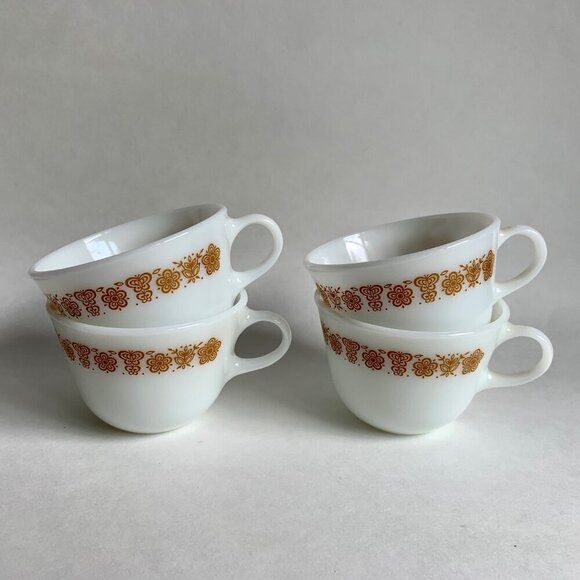 Pyrex Butterfly Gold Milk Glass Coffee Mugs Set of 4 - Picture 1 of 6